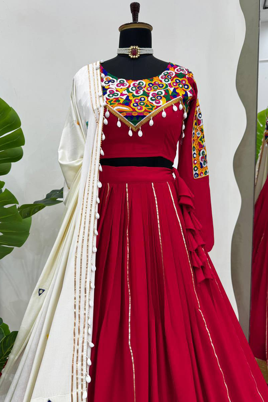 Rayon Red Lehenga With Kodi Design Blouse For Navratri Festival