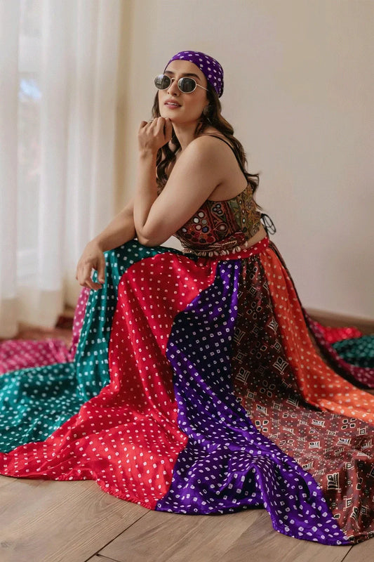 Fully Stitched Multicolor Gamthi Work Lehenga Choli For Navratri