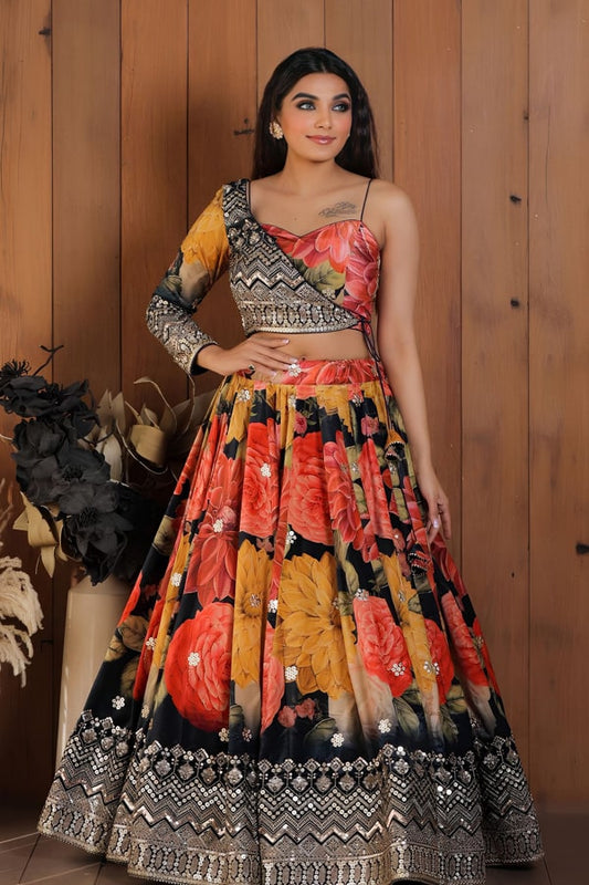 One Shoulder Lehenga Choli With Jacket For Girls