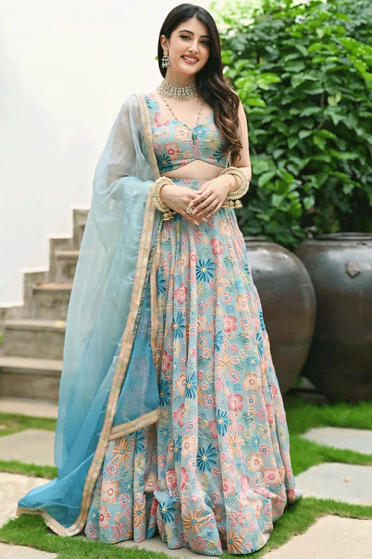 Flower Design Sky Blue Colour Lehenga Choli For Wedding