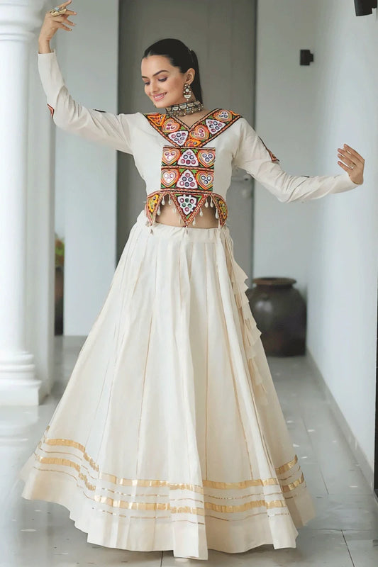 Designer White Ghagra Choli With Gamthi Work Blouse For Garba Night