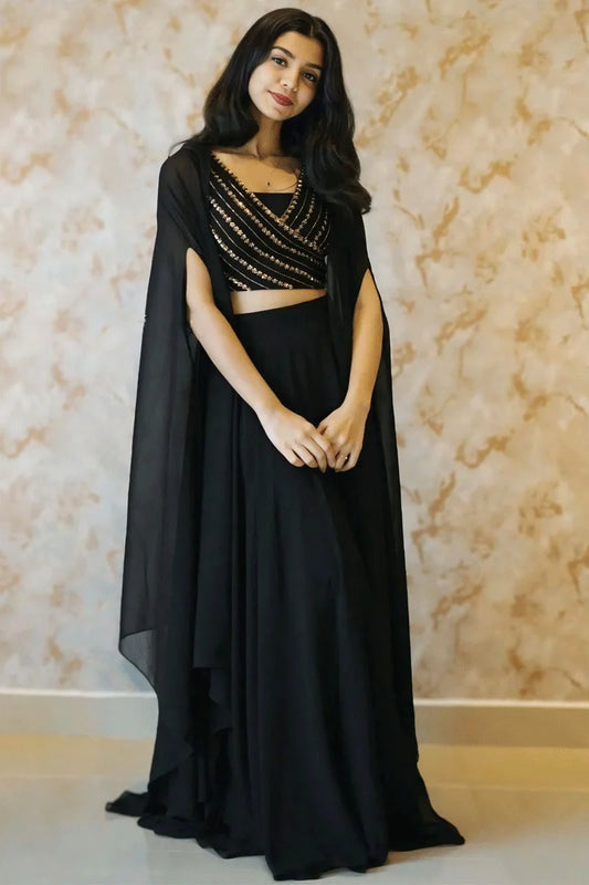 Georgette Heavy Flare Black Lehenga For Girls