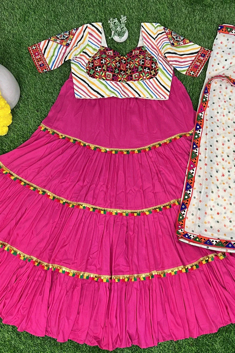 Heavy Flare Rani Pink Lehenga With Gamthi Work Blouse For Navratri