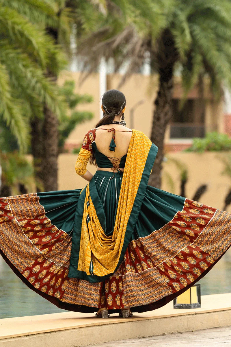 Fully Stiched Heavy Flare Dark Green Lehenga For Women