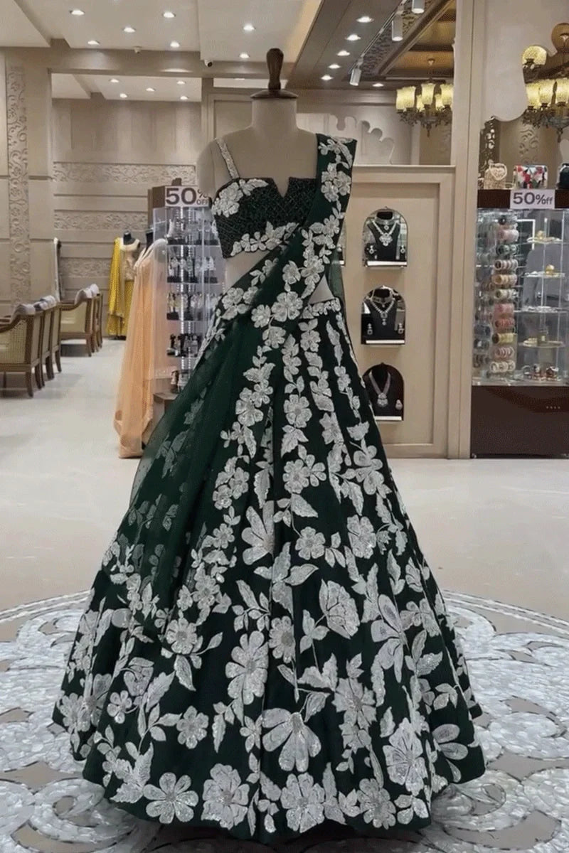 Flower Designer Green Colour Lehenga For Sangeet