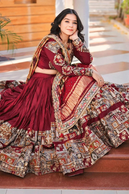 Real Mirror Work Maroon Chaniya Choli For Navratri