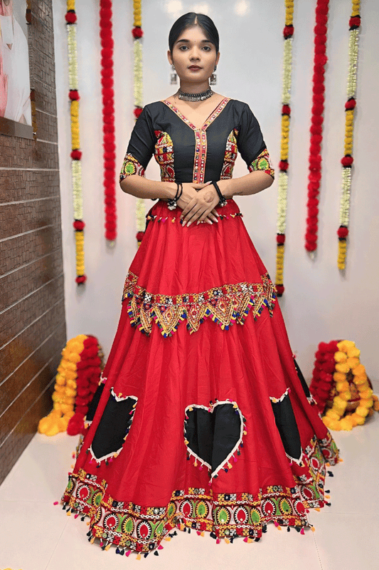 Red And Black Colour Gamthi Work Chaniya Choli For Garba