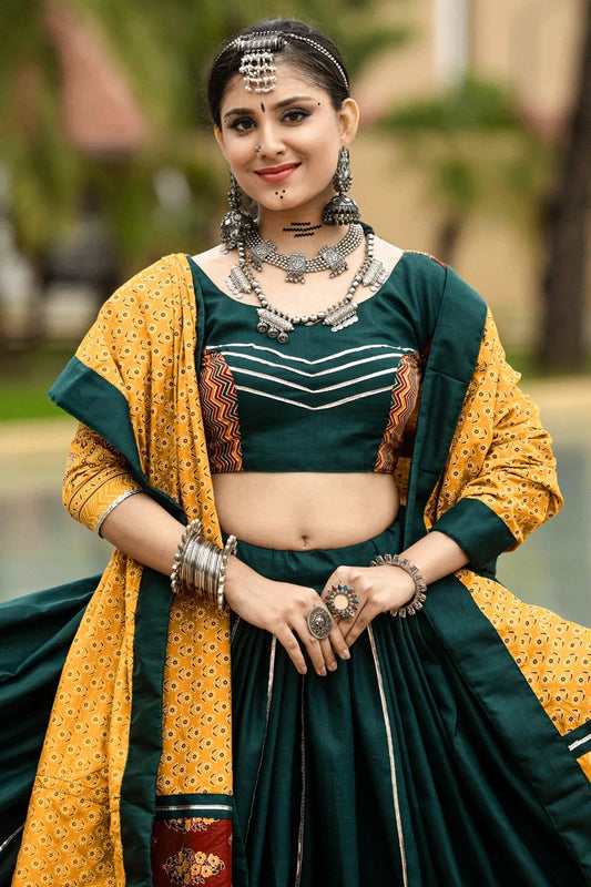 Fully Stiched Heavy Flare Dark Green Lehenga For Women