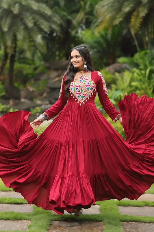 Heavy Flair Inner Cotton Fabric Maroon Gown For Garba