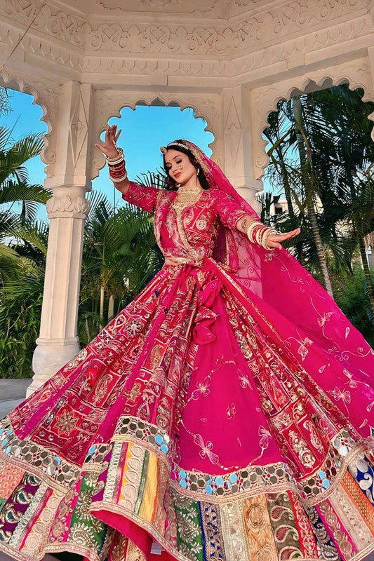 Real Mirror Work Cotton Pink Lehenga Choli For Navratri