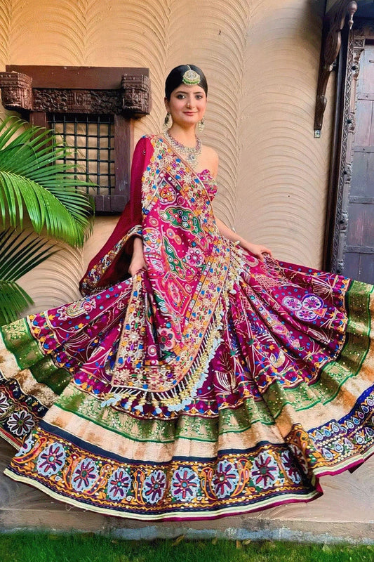 Real Mirror Work Rani Pink Lehenga Choli For Garba Night