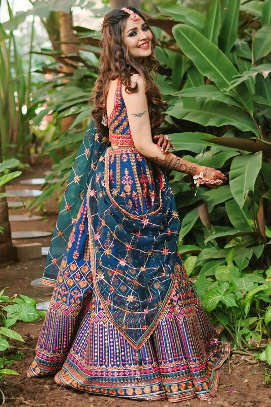 Heavy Flare Navy Blue Colour Chaniya Choli For Bridal