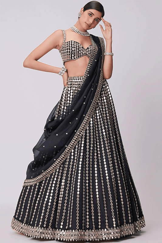 Paper Mirror Work All Black Lehenga Choli For Sangeet