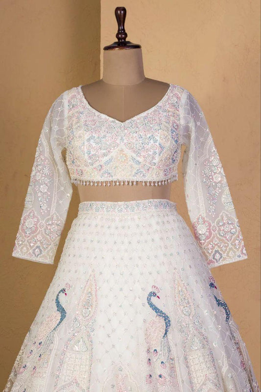 Butterfly Net Lehenga Choli with Multicolor Thread Embroidery, Dual Coding and Heavy Sequins Peacock Design, Cancan Flare Bridal Wear