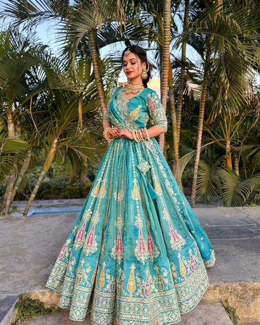 Gujarati Navratri Garba Outfit Embroidered Lehenga Choli with Sequins & Thread Work – Elegant Cosmos Simmer Festival Lehenga Set
