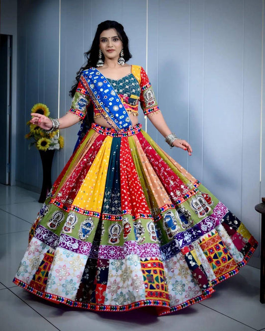Gujarati Navratri Garba Lehenga Choli with Real Mirror Work, Digital Print & Fancy Lace – Festive Ethnic Lehenga Dupatta Set