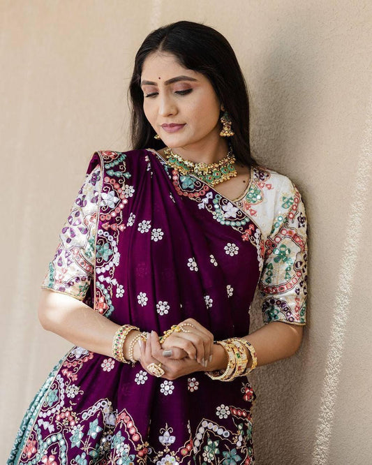 Gujarati Navratri Garba Outfit Mirror Work Lehenga Choli with Digital Print & Resham Lace – Festive Ethnic Muslin Cotton Lehenga Set