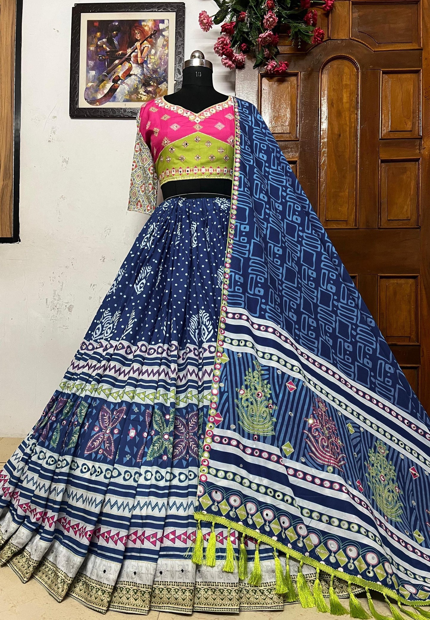 Navratri Garba Lehenga Choli in Heavy Muslin Cotton with Digital Print, Real Mirror Work & Fancy Resham Lace – Festive Gujarati Lehenga Set