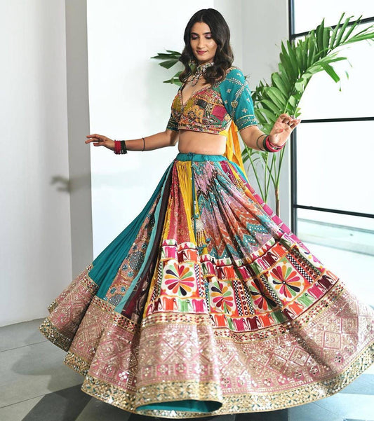 Navratri Special Muslin Cotton Lehenga Choli with Real Mirror Work, Canvas Patta Border & Handcrafted Lace – Festive Indian Outfit