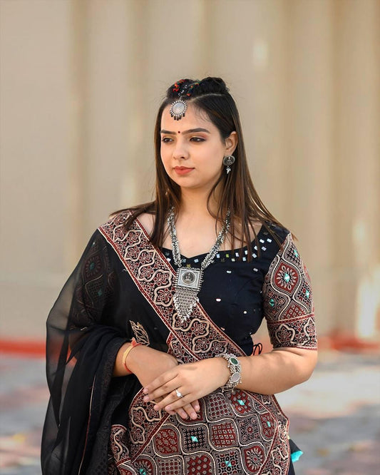 Navratri Printed Lehenga Choli with Real Mirror Work, Crape Silk Skirt, Georgette Dupatta, Festive Indian Ethnic Wear