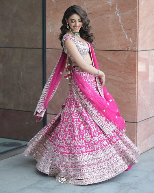 Designer Georgette Lehenga Choli with Embroidery, Mirror & Sequin Work, Organza Dupatta, Party Wear Indian Ethnic Outfit for Women