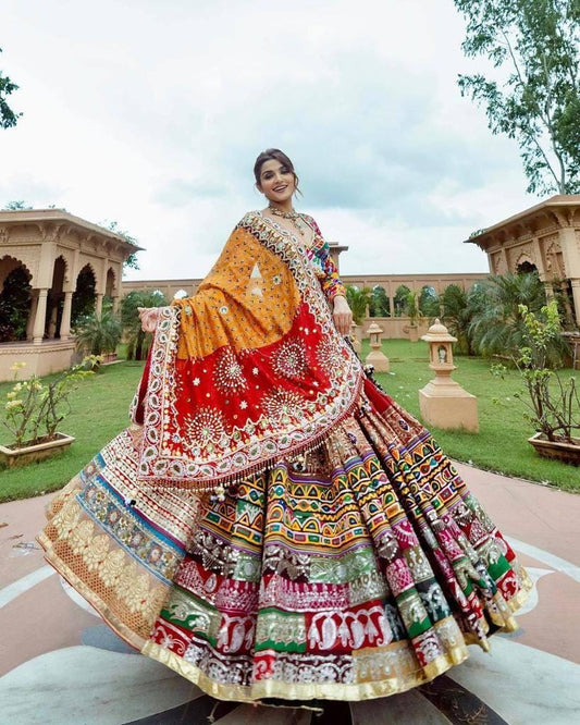 Designer Muslin Cotton Lehenga Choli with Digital Print & Heavy Real Mirror Work Dupatta | Navratri Festival Ethnic Wear Outfit