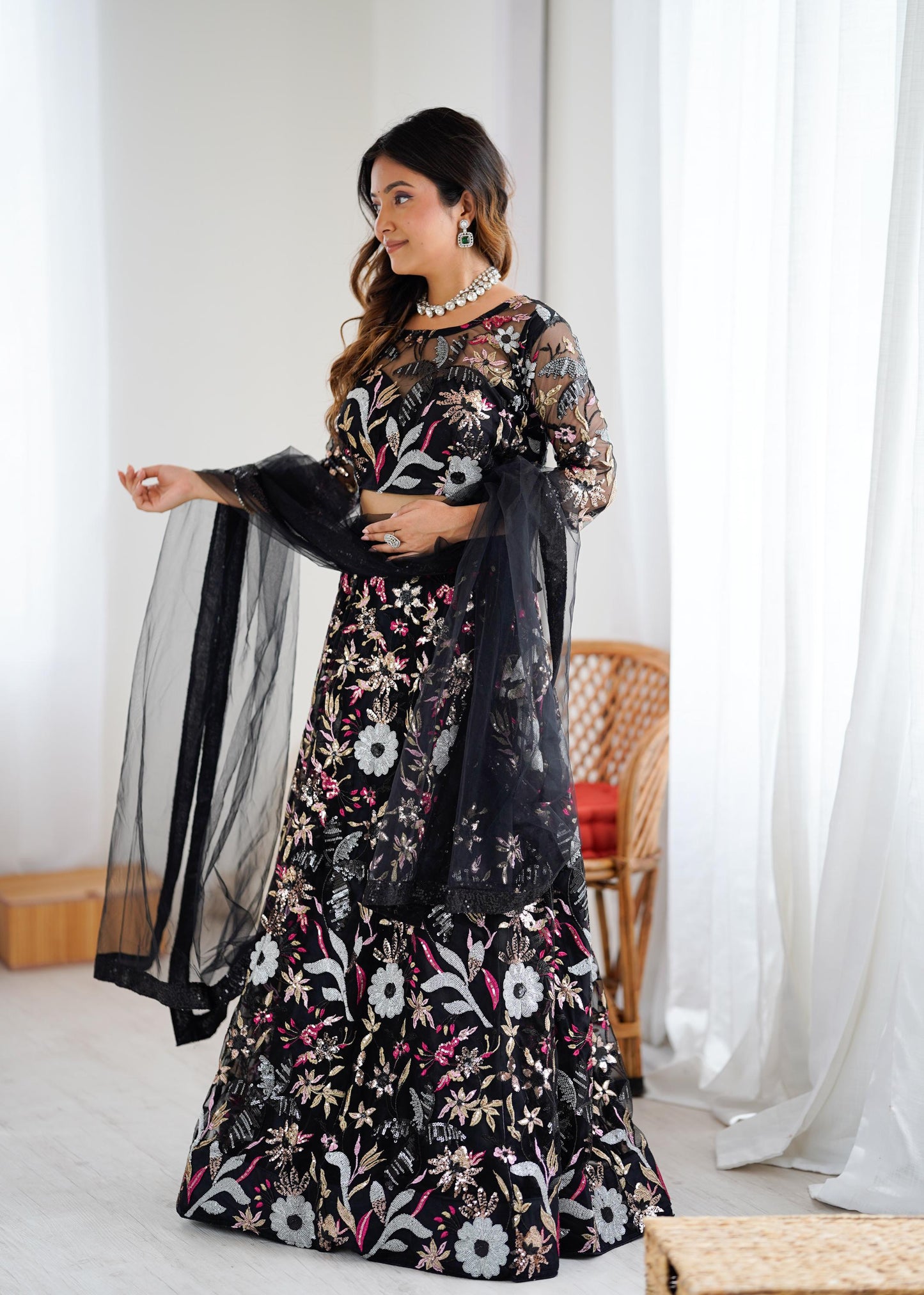 Butterfly Net Lehenga Choli with Heavy Embroidery & Four Sequins Work, Designer Bridal Party Wear Outfit with Dupatta