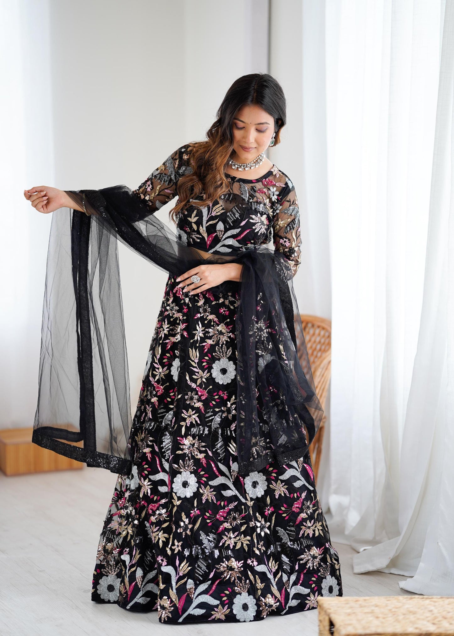 Butterfly Net Lehenga Choli with Heavy Embroidery & Four Sequins Work, Designer Bridal Party Wear Outfit with Dupatta