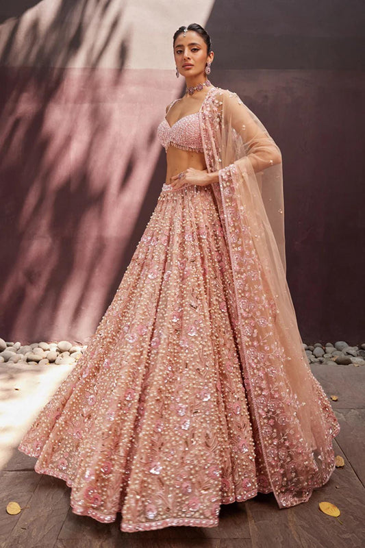 Pastel Pearl Beaded Lehenga Choli with Sequins and Dori Embroidery, Georgette Bridal Wear Outfit with Net Dupatta for Wedding & Party