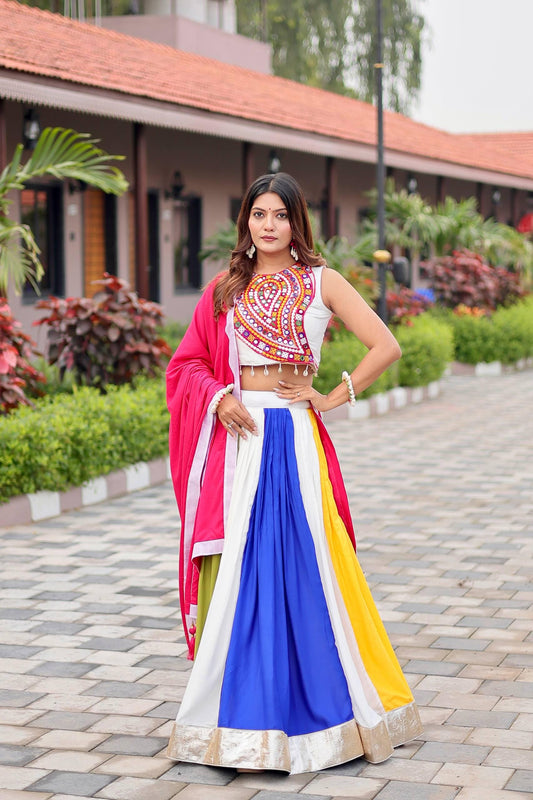 Navratri Special Gamthi Work Lehenga Choli with Mirror Embroidery, 6 Meter Flair Cotton Dupatta & Hand Purse Gift – Festival Outfit