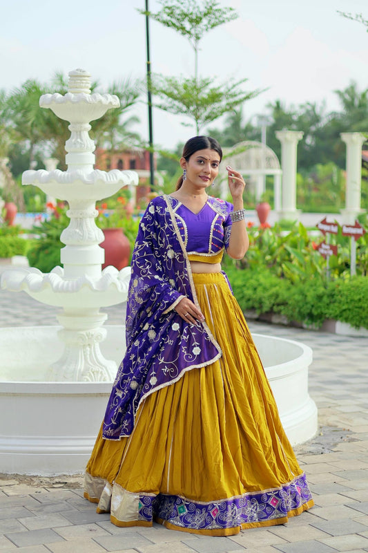 Navratri Special Cotton Lehenga Choli with Embroidery Thread Work, 6 Meter Flair Skirt, Fox Georgette Dupatta & Traditional Lace