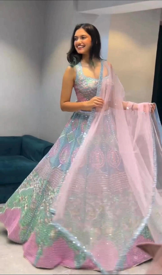 Wedding Wear Faux Georgette Lehenga Choli with Heavy Sequins, Real Mirror Embroidery & Net Dupatta – Bridal Party Outfit