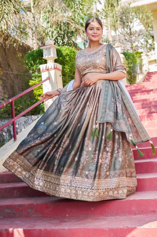 Maslin Satin Lehenga Choli Set with Digital Print and Embroidery, Canvas Can Can Flare Skirt, Maslin Blouse, Dupatta for Wedding