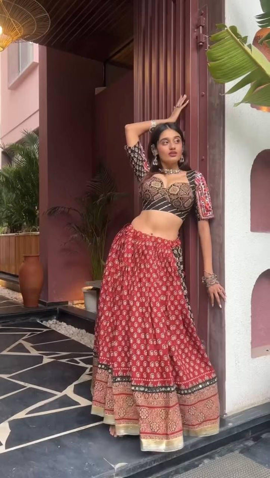 Gujarati Navratri Garba Outfit Mirror Work Lehenga Choli with Printed Reyon, Real Mirror & Mal Cotton Dupatta – Festive Ethnic Lehenga