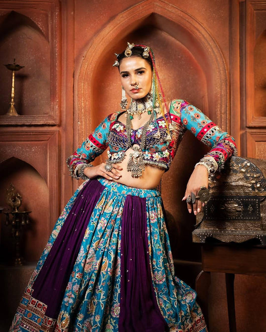 Gujarati Navratri Garba Outfit Mirror Work Lehenga Choli with Digital Print, Real Mirror & Fancy Lace Work – Festive Ethnic Lehenga Set