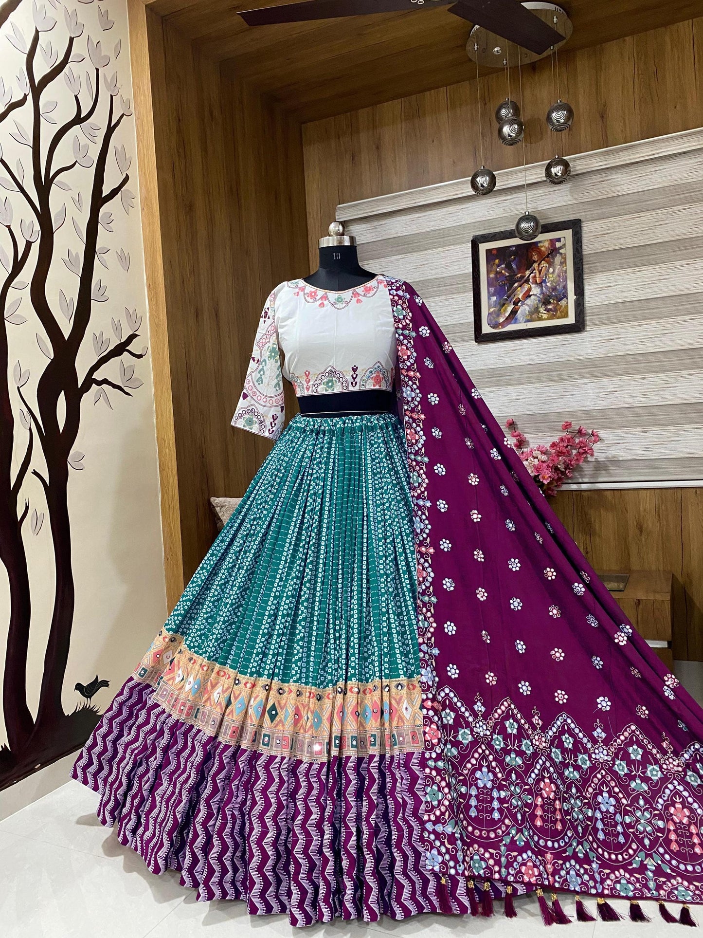 Gujarati Navratri Garba Outfit Mirror Work Lehenga Choli with Digital Print & Resham Lace – Festive Ethnic Muslin Cotton Lehenga Set