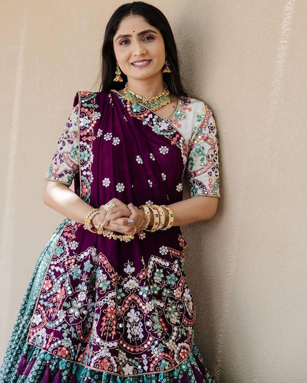 Gujarati Navratri Garba Outfit Mirror Work Lehenga Choli with Digital Print & Resham Lace – Festive Ethnic Muslin Cotton Lehenga Set
