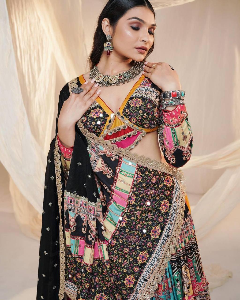 Navratri Special Designer Printed Lehenga Choli in Heavy Muslin Cotton with Digital Print & Real Mirror Work, Festive Indian Outfit
