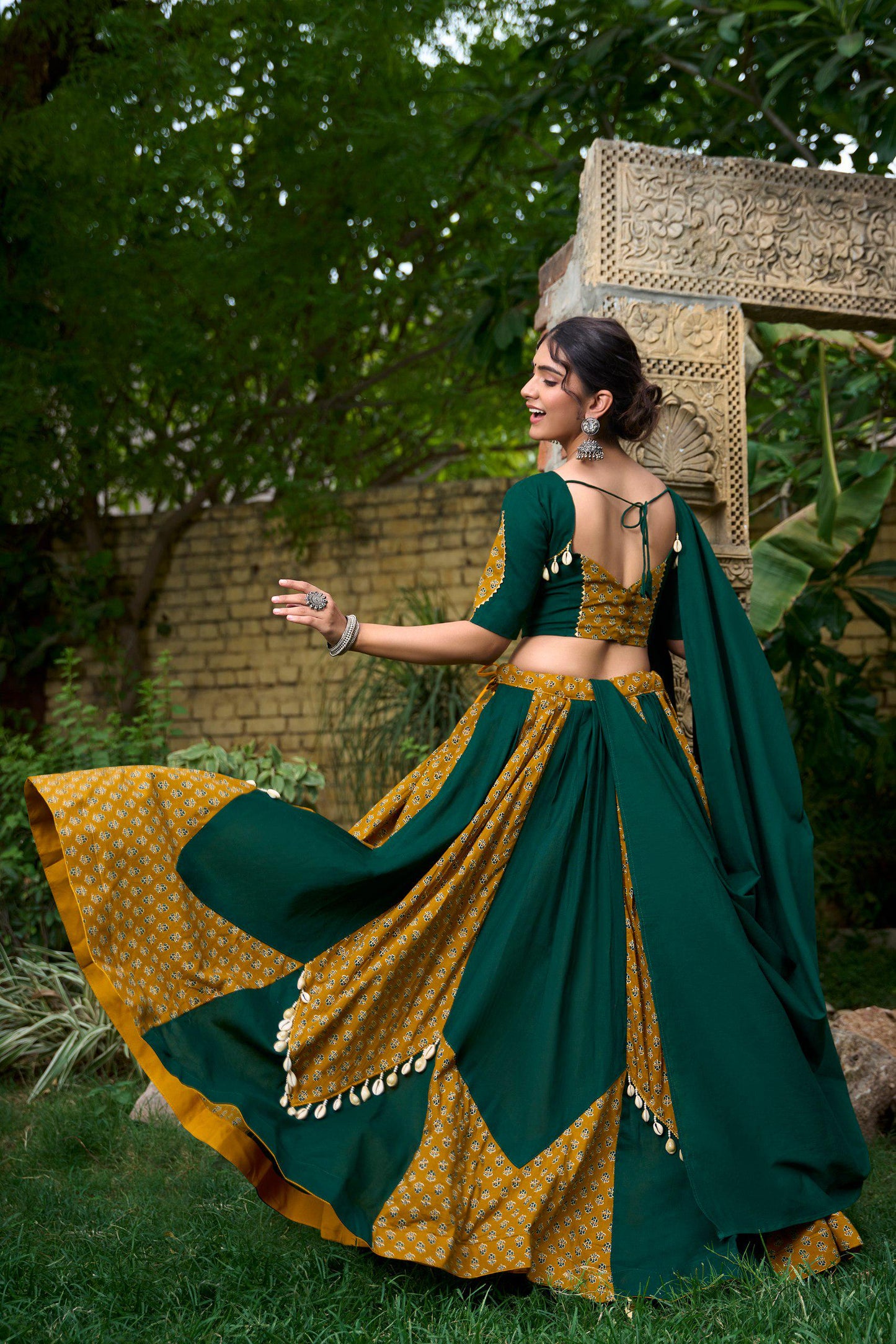 Mustard Green Cotton Chaniya Choli with Printed Kali & Cowrie Lace – Elegant Navratri Lehenga Choli for Garba and Festive Celebrations