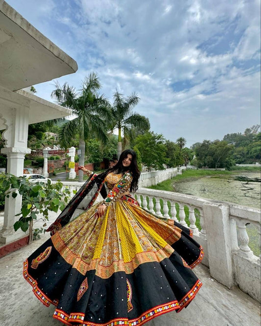 Navratri Special Designer Lehenga Choli Set | Heavy Muslin Cotton with Digital Print, Real Mirror Work & Elegant Dupatta for Festive Wear
