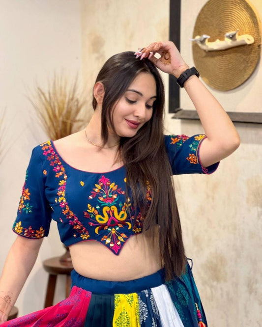 Navratri Special Printed Lehenga Choli Set | Designer Muslin Cotton Outfit with Real Mirror Work & Handcrafted Dupatta