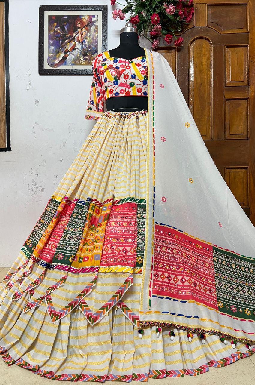 Designer Navratri Lehenga Choli Set | Heavy Muslin Cotton with Digital Print, Real Mirror Work & Dupatta for Wedding And Festive Wear