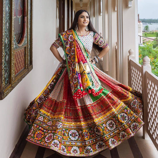 Designer Muslin Cotton Printed Lehenga Choli with Real Mirror Work and Dupatta | Festive Wear Navratri Garba Indian Ethnic Outfit