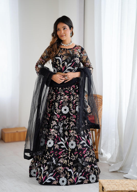 Butterfly Net Lehenga Choli with Heavy Embroidery & Four Sequins Work, Designer Bridal Party Wear Outfit with Dupatta