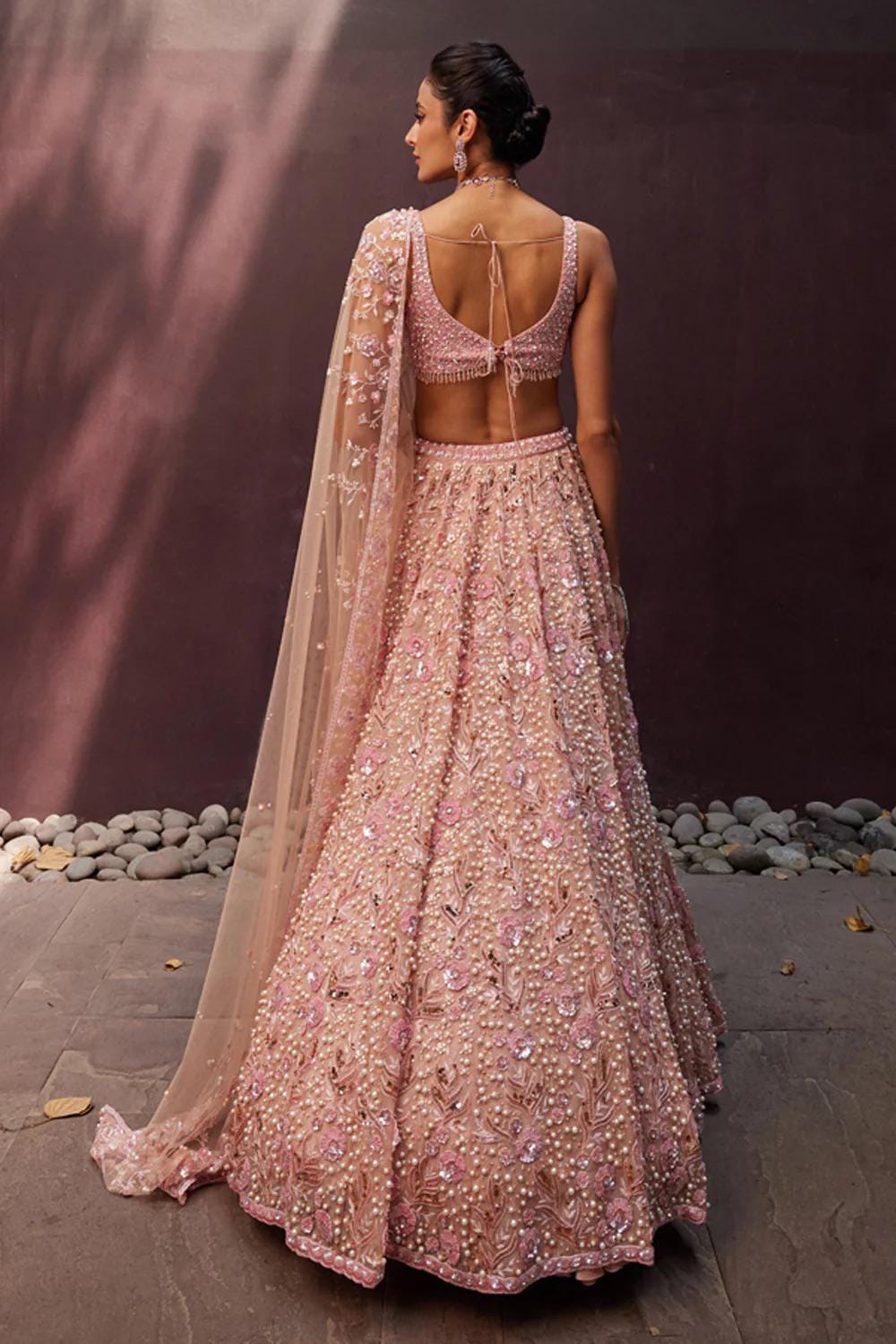 Pastel Pearl Beaded Lehenga Choli with Sequins and Dori Embroidery, Georgette Bridal Wear Outfit with Net Dupatta for Wedding & Party