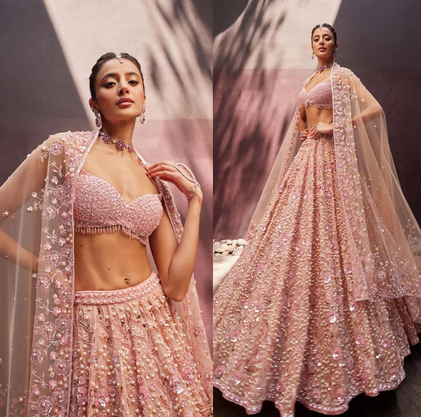 Pastel Pearl Beaded Lehenga Choli with Sequins and Dori Embroidery, Georgette Bridal Wear Outfit with Net Dupatta for Wedding & Party