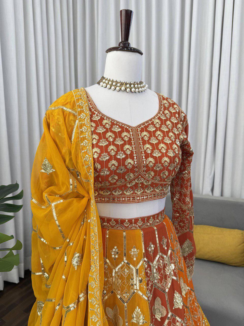 Designer Georgette Lehenga Choli with Heavy Thread & Sequin Embroidery, 4.8m Flared Skirt and Dupatta – Wedding And Festive Wear