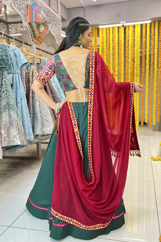 Mirror Work Dark Green Lehenga Choli With Red Dupatta