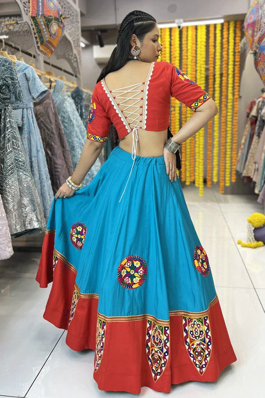 Traditional Sky Blue Lehenga Choli With Red Blouse For Navratri