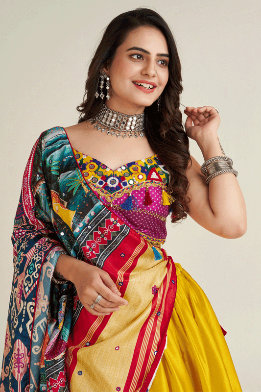 Satin Silk Yellow Colour Lehenga With Printed Dupatta